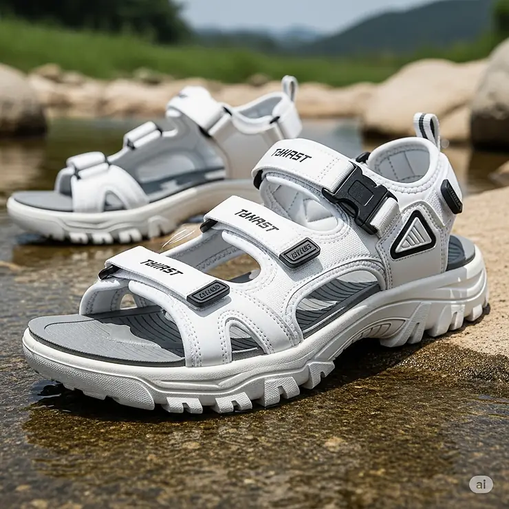Durable white sporty sandals designed for summer outdoor activities, with adjustable straps for a secure fit.