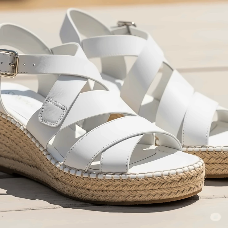 A close-up of stylish white leather summer sandals with a comfortable espadrille wedge, perfect for warm weather.