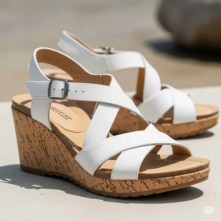 Comfortable white wedge sandals for summer, showcasing a cork-wrapped heel and criss-cross straps, great for extended wear.