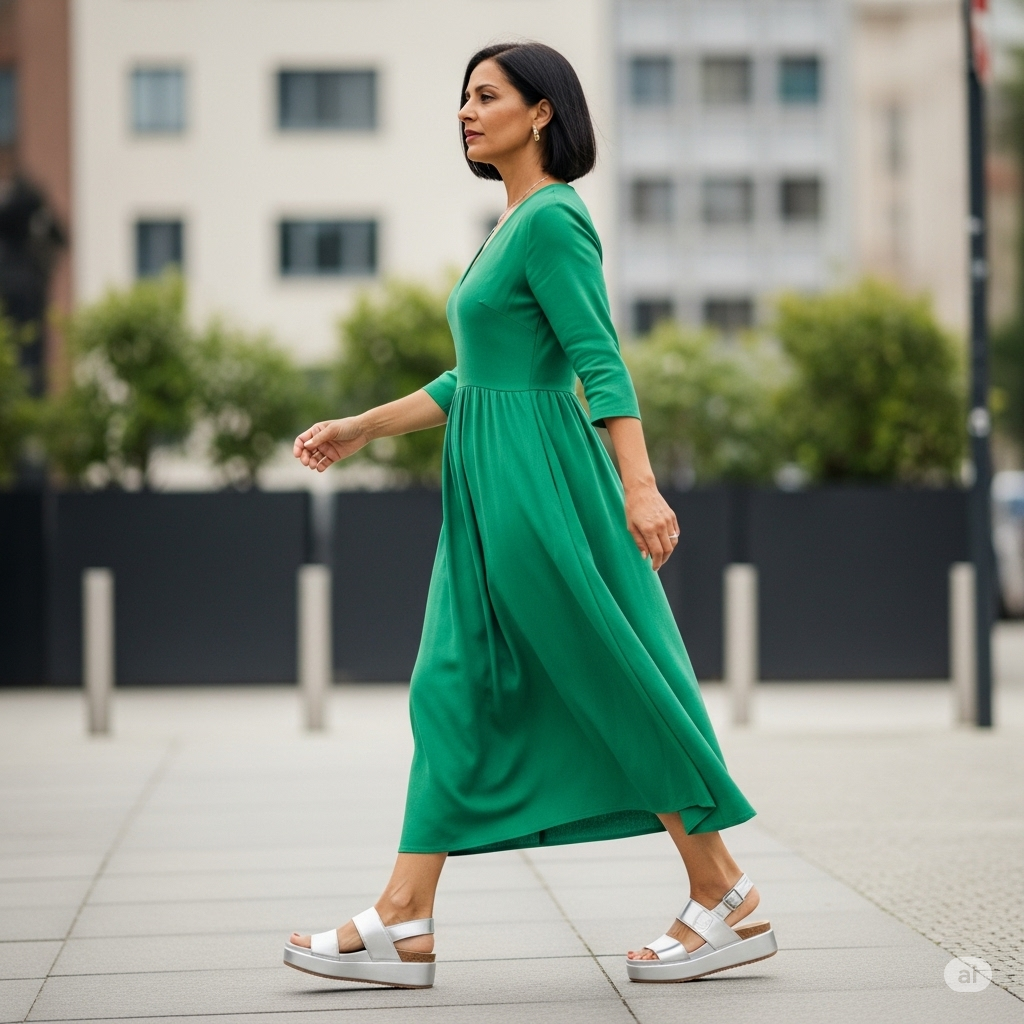 Woman walking confidently in comfortable silver platform sandals, ideal for all-day wear.