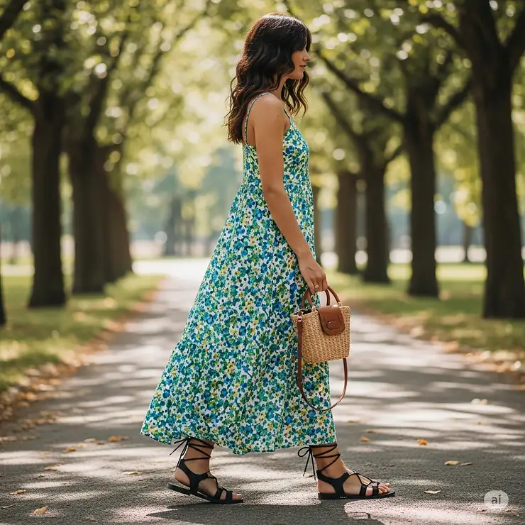Woman walking in the park, showcasing stylish black lace-up sandals that beautifully complement her flowy dress.