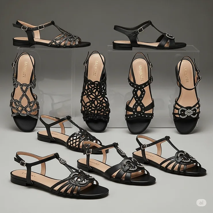 Stylish collection of women's black flat dress sandals, highlighting various designs suitable for different dressy events.