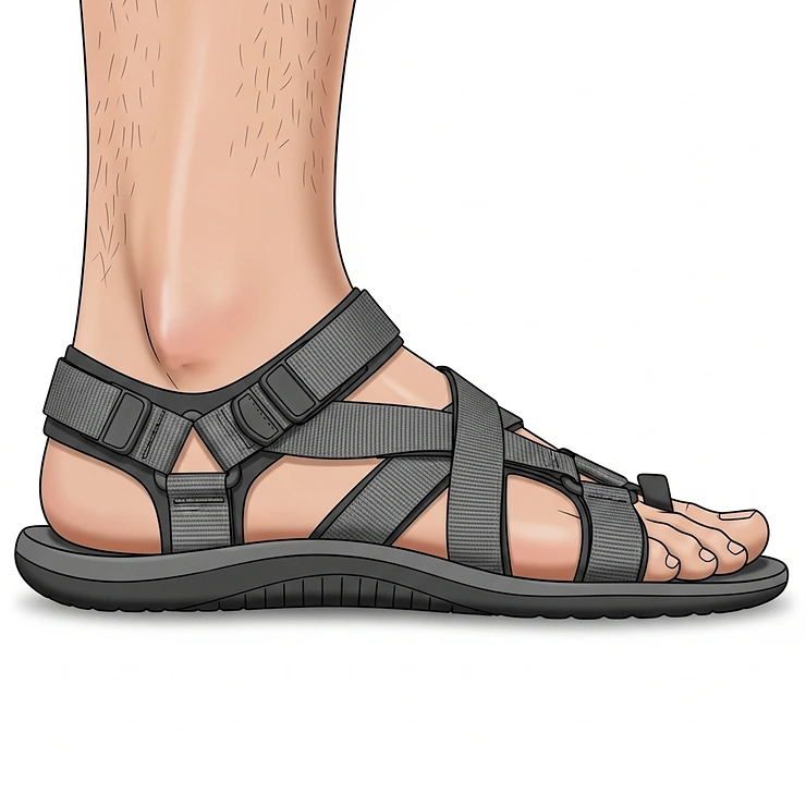 A side-view illustration of a man's foot in a barefoot sandal, focusing on the adjustable webbing straps and toe-post for a secure, custom fit.