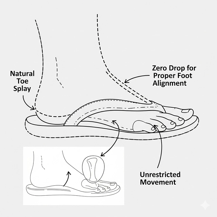 A diagram illustrating how a men's barefoot sandal allows for natural toe splay and proper foot alignment.