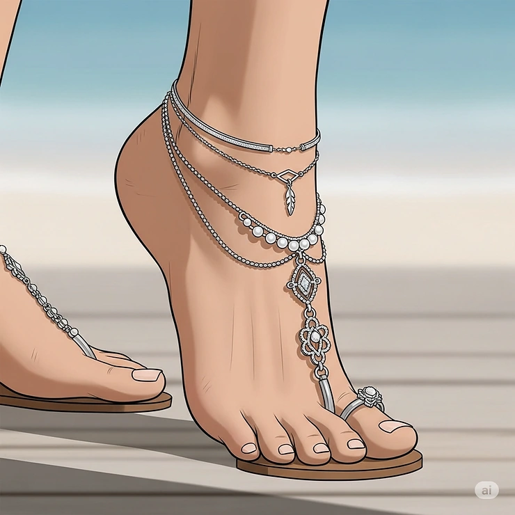 A stylish illustration of women's barefoot sandals combined with a complementary anklet, showcasing a layered jewelry look.