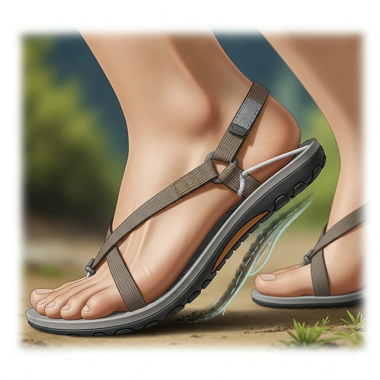 A side-view illustration of a foot wearing barefoot hiking sandals, with the toes splayed out and the sole bending to show the shoe's natural foot movement and flexibility.