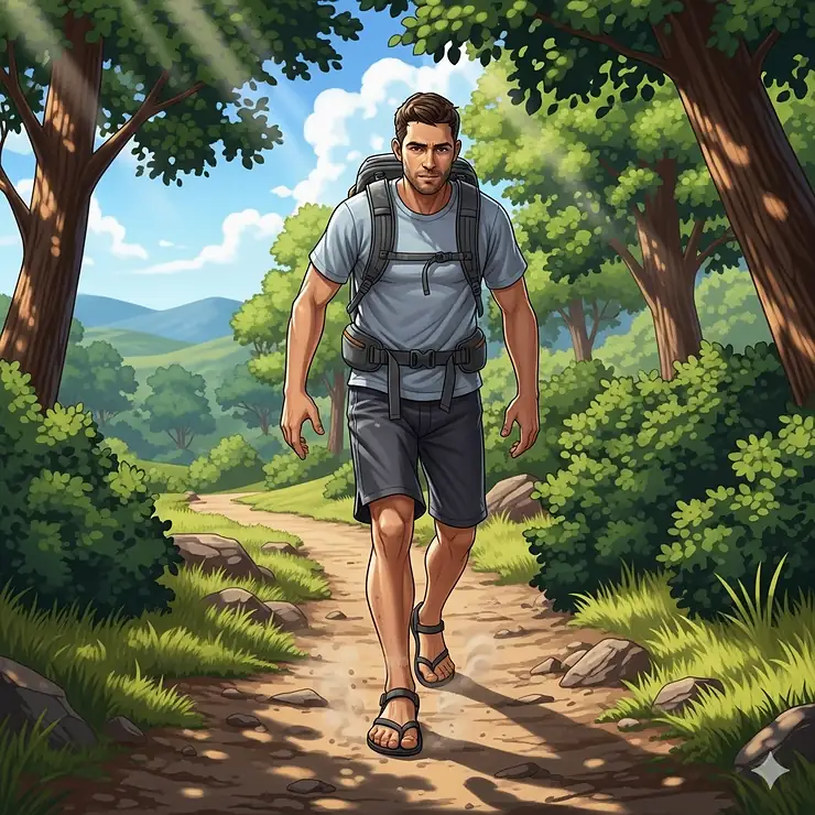 An illustration of a man wearing barefoot sandals while walking on a dirt trail, demonstrating their use for light hiking and outdoor activities.