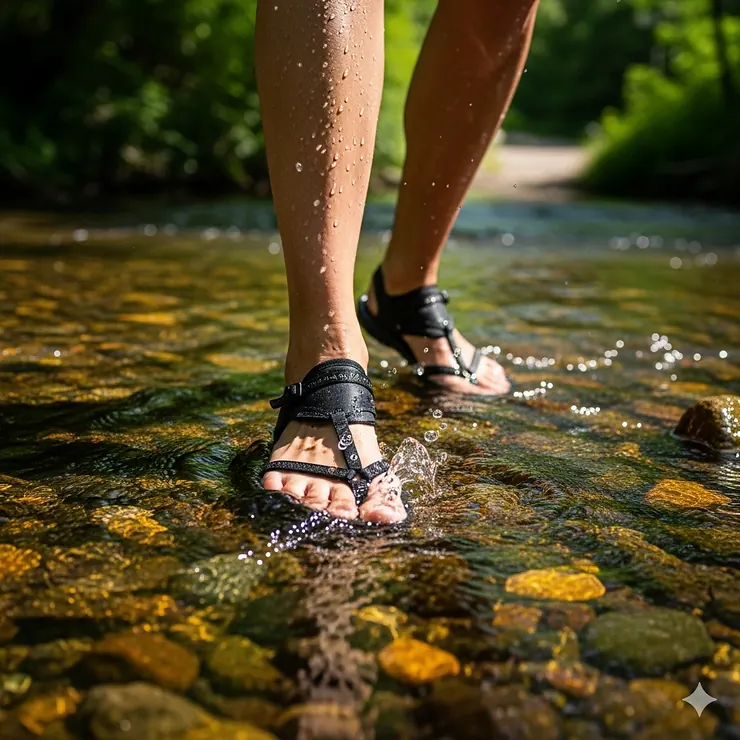 A hiker wearing barefoot hiking sandals for a stream crossing, showing how the lightweight, quick-drying materials perform in wet conditions.