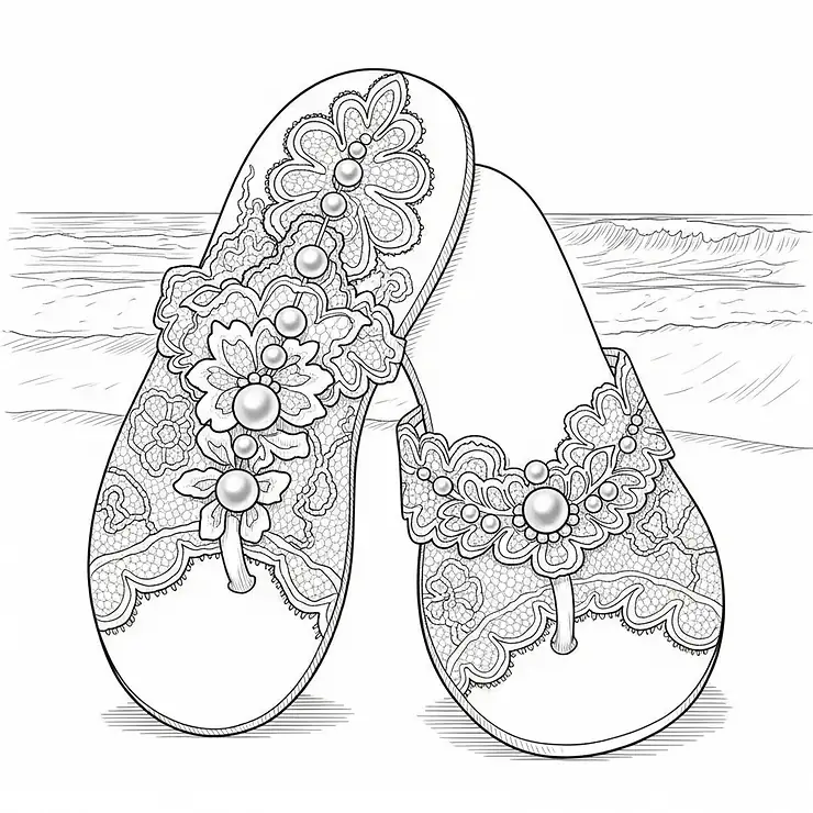 A sketch of beautiful white bridal barefoot sandals with pearl and lace accents, perfect for a beach wedding.