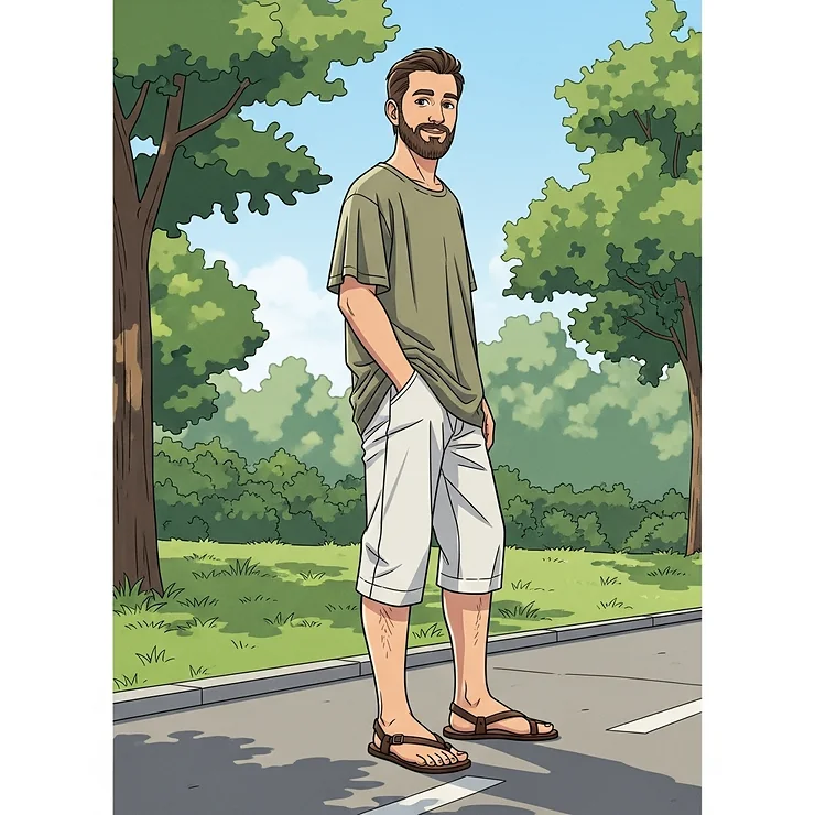 An illustration of a man wearing barefoot sandals with casual shorts, highlighting their versatility for everyday wear.