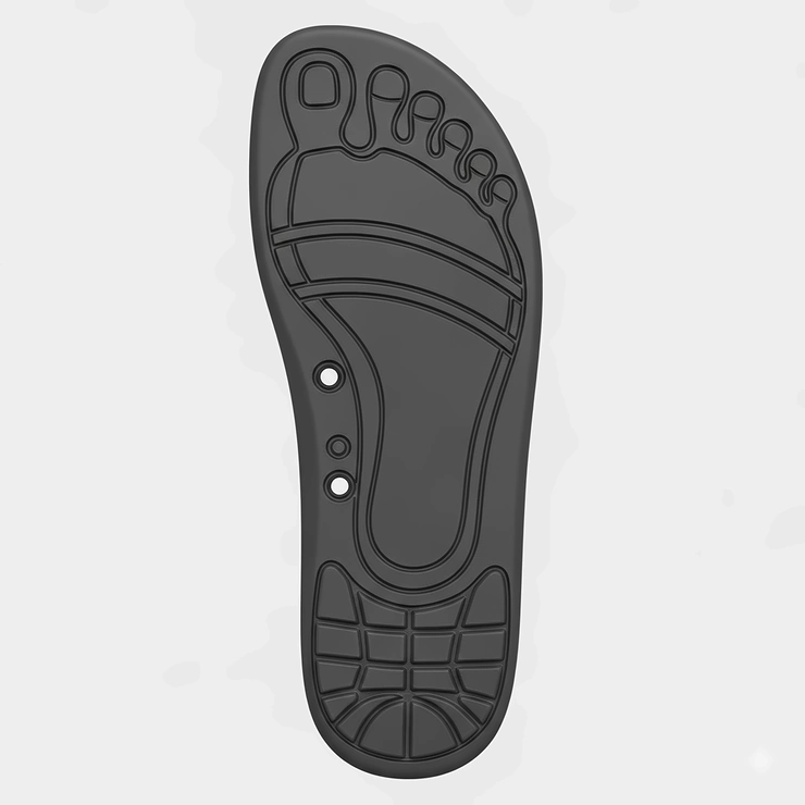 A detailed illustration showing the thin, flexible rubber sole of a men's barefoot sandal, highlighting the zero-drop design for a natural stride.
