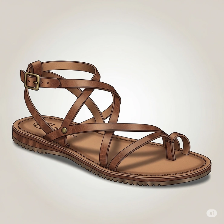 Illustration showing a durable pair of leather barefoot sandals for women, with a stylish, rustic finish.