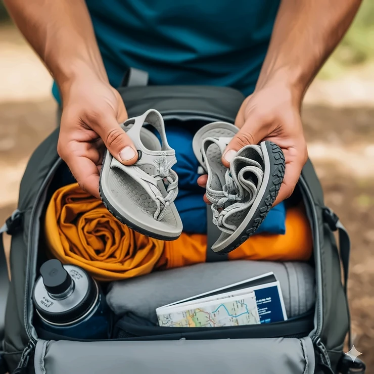 A person holding a pair of lightweight barefoot hiking sandals, emphasizing their portability and suitability for packing in a backpack for travel.