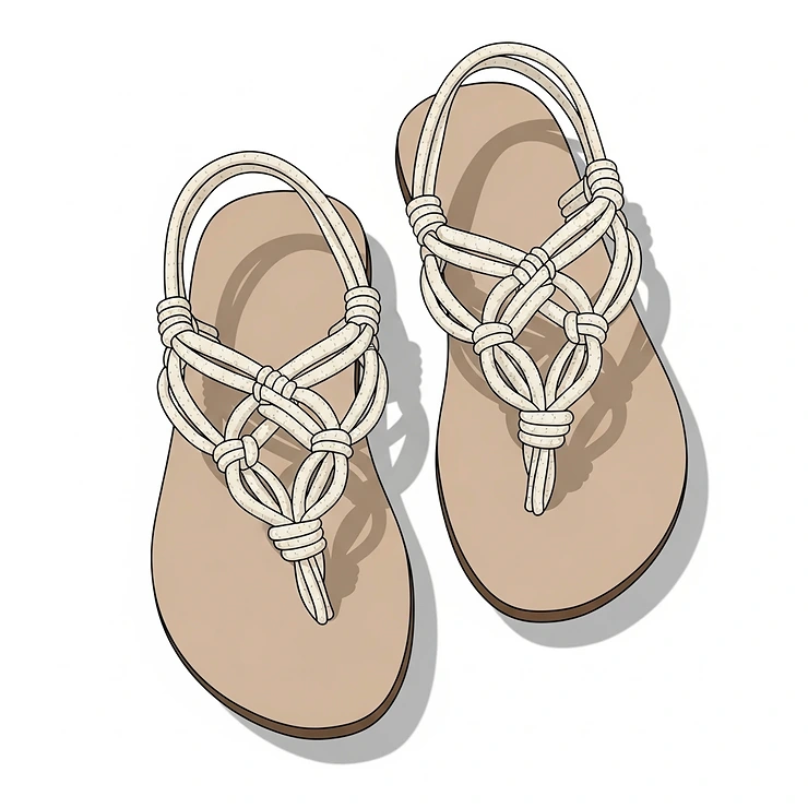 Illustration showing a pair of woven macrame women's barefoot sandals with a simple, knotted design on a white background.