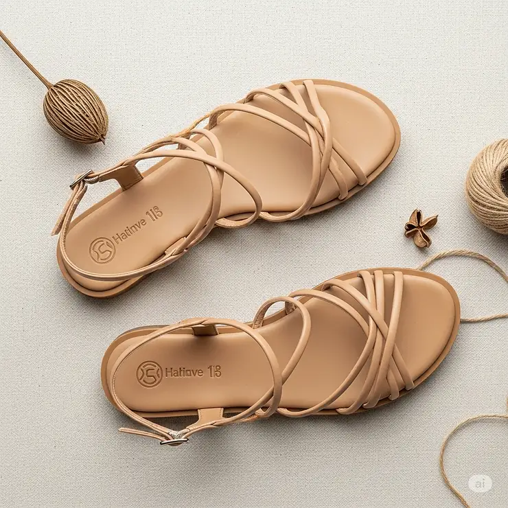 A flat-lay photo of comfortable and stylish nude flat sandals, featuring a strappy design ideal for everyday wear and casual outings.