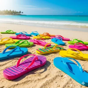 A vibrant collection of colorful flip-flop slippers on a sandy beach.