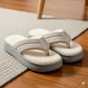 A pair of comfortable, cushioned flip-flop slippers perfect for indoor use.