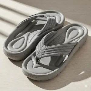 Orthopedic flip-flop slippers with arch support and a contoured footbed.