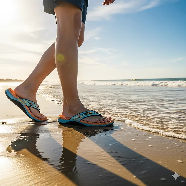 A person wearing stylish, waterproof flip flops walking along the shoreline of a sunny beach.